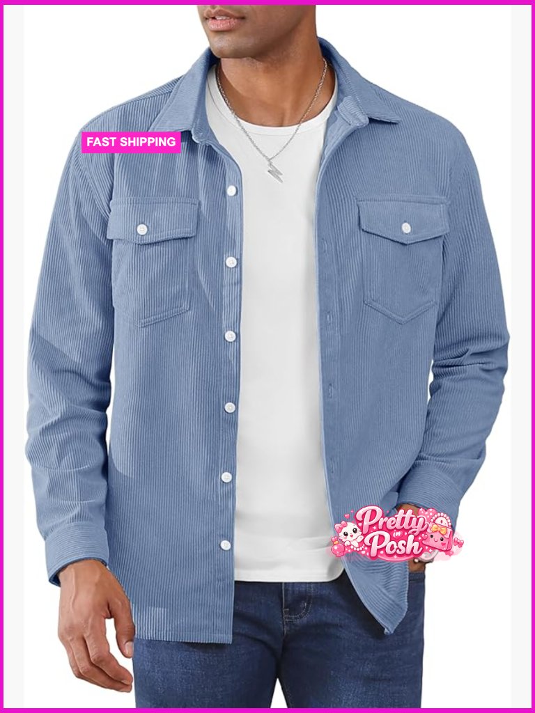 Men's Corduroy Shirt Jacket Button Down Long Sleeve Shacket Lightweight